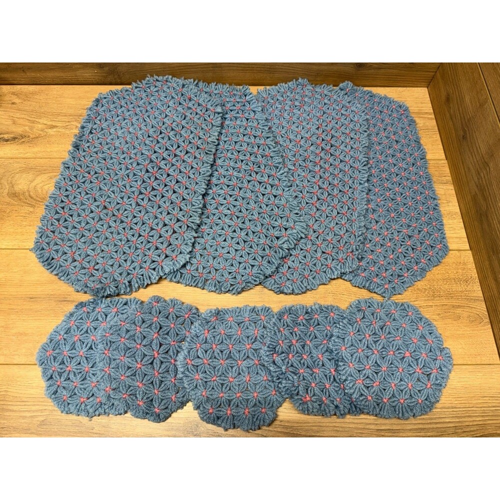 Vintage Hand Crocheted Placemats & Pot Holders Blue & Pink- Lot of 9 Pcs